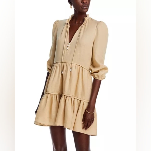 Veronica Beard Dresses & Skirts - Veronica Beard Women's Neutral Lux Beige Hawken Tiered Linen Mini Dress Size 8